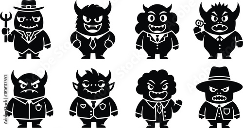 Cartoon devil characters in suits with various expressions and accessories for playful designs 