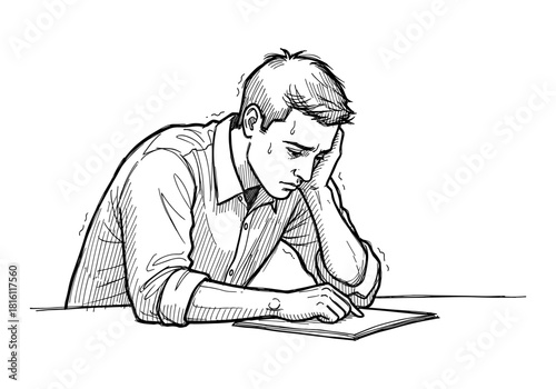 Stressed man at work desk line art: overwhelm and anxiety concept