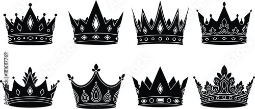Various crown designs showcasing elegance and royalty in a striking vector illustration format for design projects 