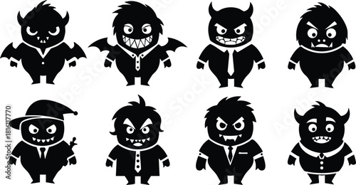 Various cartoon-style monsters in playful poses showcasing unique features and expressions for Halloween-themed designs 