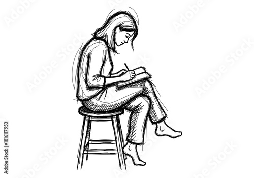 Sketch of woman sitting on stool and writing in notebook
