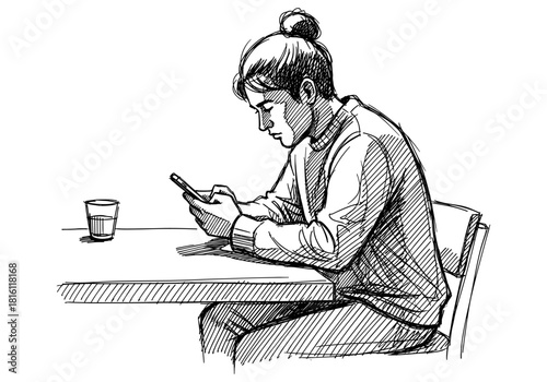 Sketch of a person using a smartphone at a table with a drink