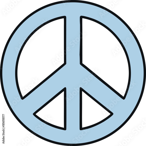 A simple iconic light blue peace symbol stands out against a stark black background representing harmony and non violence