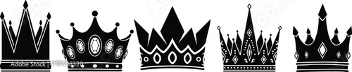 Black crown illustrations with various designs showcasing elegance and royal style in vector format 