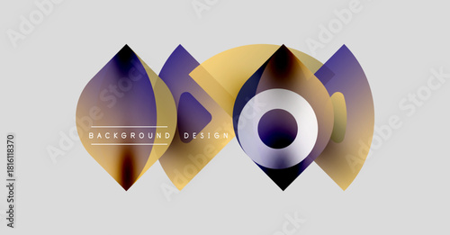 Abstract shapes overlap, creating vibrant color gradients. Design features gold, purple, white hues on gray backdrop. Modern aesthetic.
