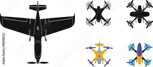 Various aerial vehicles including planes and drones shown in silhouetted forms