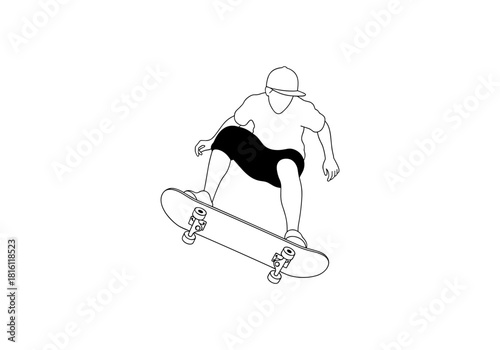 Minimalist line drawing of a skateboarder performing an ollie trick