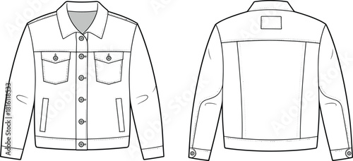Denim jacket technical sketch, fashion flat design, front and back view, garment construction details, cad drawing flat vector illustration
