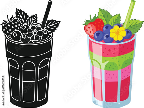 Strawberry blueberry smoothie illustrations in a glass colored and outlined versions