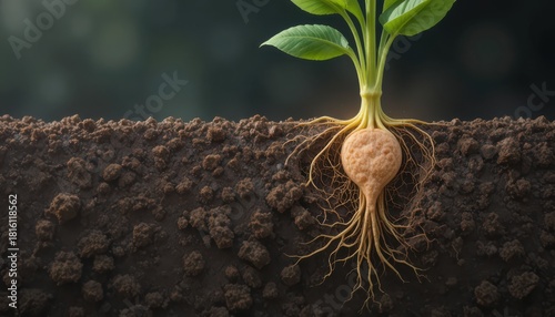 Illustration of a plant growing with visible root system in soil illustrating growth and new life
