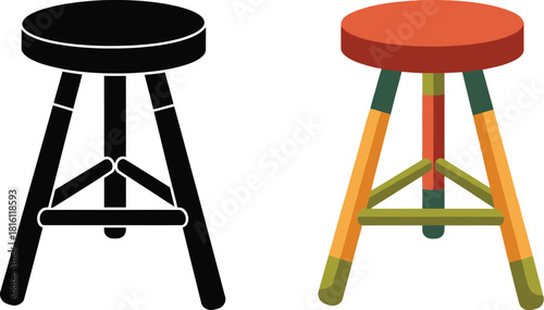 Two bar stools illustrated one black one colorful offering a visual comparison