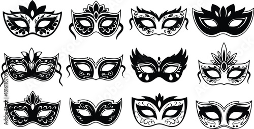 Decorative masquerade masks collection featuring various styles and designs for festive celebrations and events 