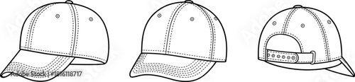 Baseball cap fashion sketch, side rear angle view, technical garment drawing, vector template, cad drawing flat vector illustration