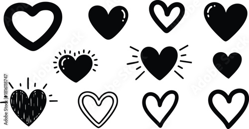 Various heart shapes in black and white for romantic designs and creative projects