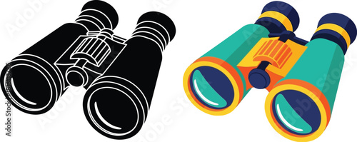 A colorful depiction of binoculars shown in both outline and filled styles