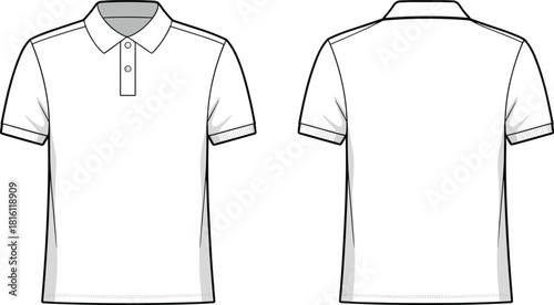 Polo shirt technical sketch, fashion flat design, front and back view, garment construction details, cad drawing flat vector illustration