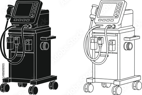 Detailed line art showcasing two portable medical ultrasound diagnostic devices