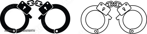 Simple black and white illustration depicting a pair of metal handcuffs