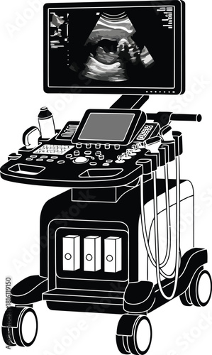 A detailed sketch of a modern medical ultrasound machine with a display screen