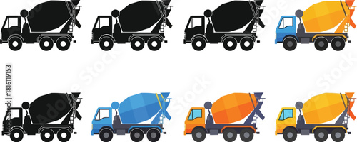 Illustrations of cement mixers in varying styles and color schemes