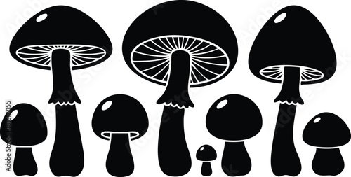 Different types of mushrooms in a charming black silhouette design suitable for nature-themed projects 
