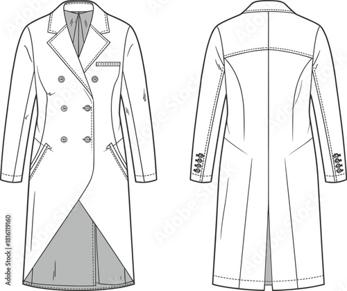 Women's double-breasted trench coat technical sketch, front and back view, fashion flat, cad drawing flat vector illustration