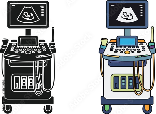 Ultrasound machines in color and monochrome medical imaging equipment illustration