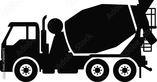 A black silhouette of a concrete mixer truck side view illustration