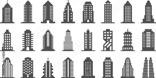 Skyscraper icon set, high-rise building silhouettes, black vector architecture, urban design elements, city tower shapes, commercial structure illustration