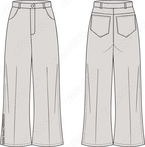 Wide-leg pants technical sketch, fashion flat design, front and back view, garment construction details, cad drawing flat vector illustration Wide-leg pants technical sketch, fashion flat design