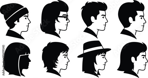 Diverse collection of silhouette hairstyles featuring various styles and lengths for creative design projects 