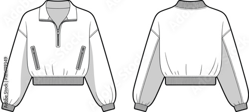 Cropped pullover jacket technical sketch, fashion flat design, front and back view, garment construction details, cad drawing flat vector illustration