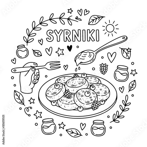 Syrniki (Cottage Cheese Pancakes) Doodle Vector Plate with Berries, Honey, Hand, Fork, and Floral Elements in Black and White Outline.
