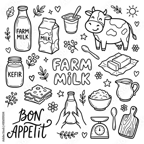 Farm Milk and Dairy Products Doodle Vector Set with Cute Cow, Kefir, Cheese, Butter, Yogurt, and Kitchen Elements in Outline Style.