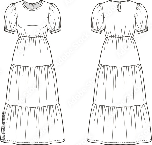 Tiered puff sleeve dress technical sketch, front and back view, round neck, cad drawing flat vector illustration