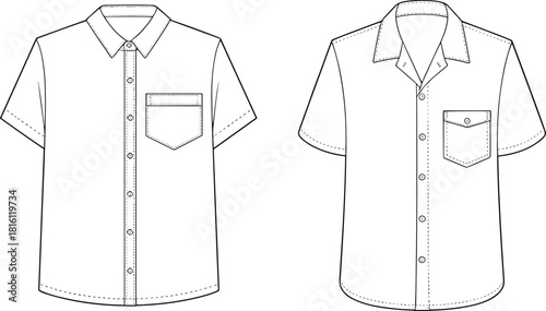 Short-sleeve shirt technical sketch, fashion flat design, front view style comparison, garment construction details, cad drawing flat vector illustration