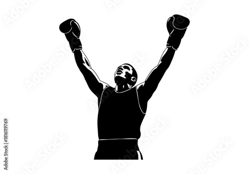 Boxer silhouette celebrating victory with raised arms in minimalist style