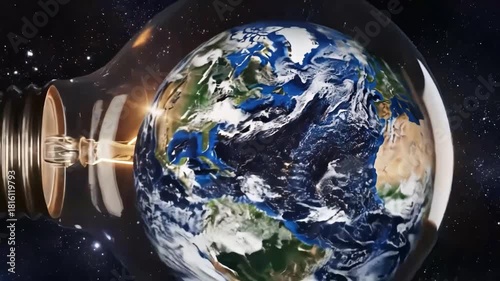 Earth inside a light bulb representing energy conservation and innovation