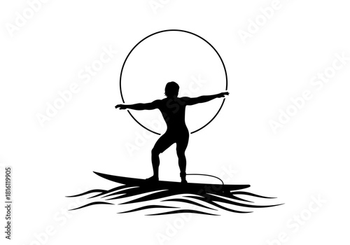 Silhouette surfer riding waves at sunset