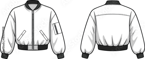 Bomber jacket technical sketch, fashion flat design, front and back view, garment construction details, cad drawing flat vector illustration