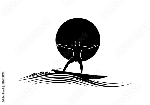 Surfer silhouette against sunset on waves