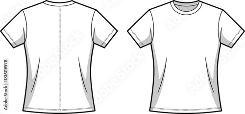 Plain t-shirt technical sketch, fashion flat design, front and back view, garment construction details, cad drawing flat vector illustration