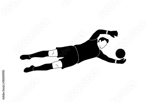 Soccer goalkeeper dive silhouette capturing ball mid-air against white background