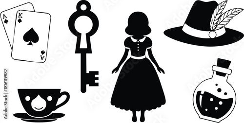 Alice in Wonderland themed vector illustration featuring cards, key, girl in dress, hat, cup, and potion elements 
