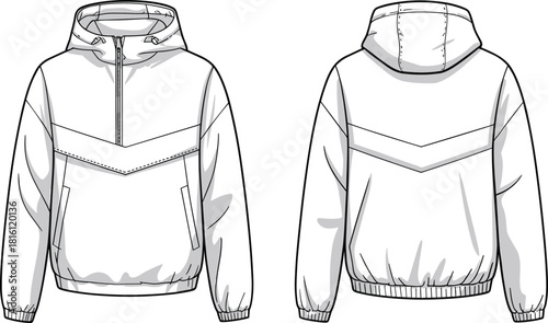 Hooded pullover jacket fashion sketch, front and back view, technical garment drawing, vector template, cad drawing flat vector illustration