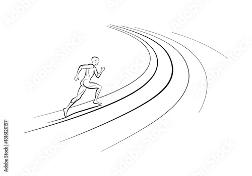 Minimalist linear drawing of athlete running on curved track