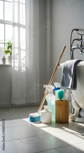 Bathroom Cleaning Supplies in Sunlit Interior