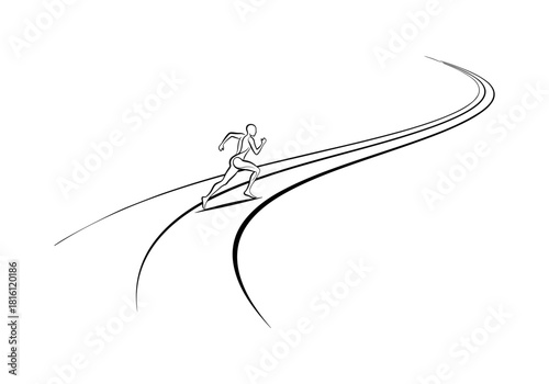 Dynamic linear art of a runner on a curved track pathway