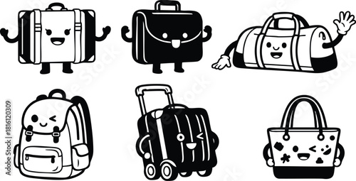 Cute cartoon bags collection featuring smiling backpacks, duffel bags, and suitcases for playful travel adventures 