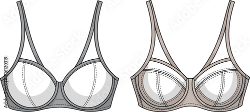 Bra technical sketch, lingerie flat design, front view construction details, underwire support, cad drawing vector illustration